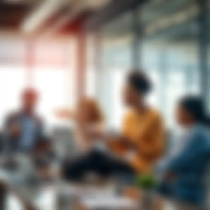 A group of diverse people using technology to discuss finance trends in a modern office setting.