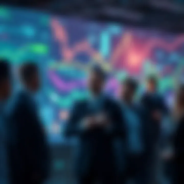 A group of financial professionals discussing cross-chain strategies with digital finance graphics in the background.