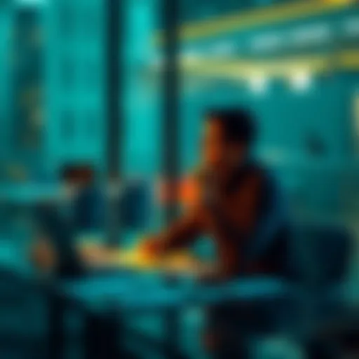 Individual sitting at a table discussing their financial experiences after Gox payouts, with some documents and a laptop nearby