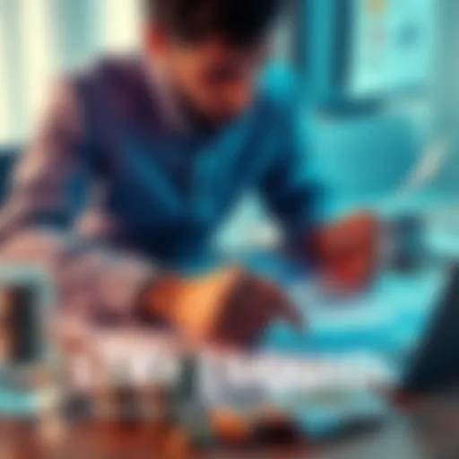 A person analyzing charts and financial documents to manage their liquidity, with various assets like cash and stocks visible on the table.
