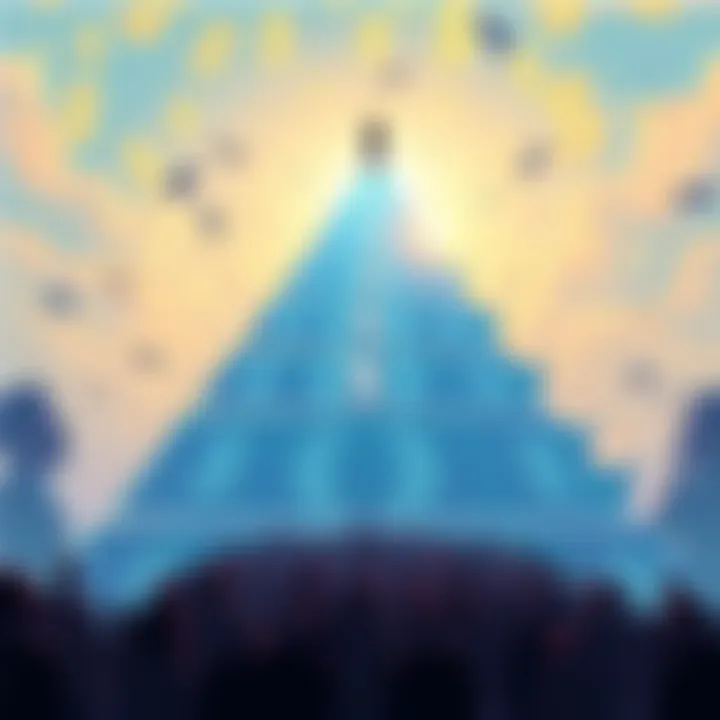 A visual showing a pyramid structure with dollar signs, representing a large financial pyramid scheme. People are depicted at the base, with fewer at the top, illustrating the flow of money upwards.