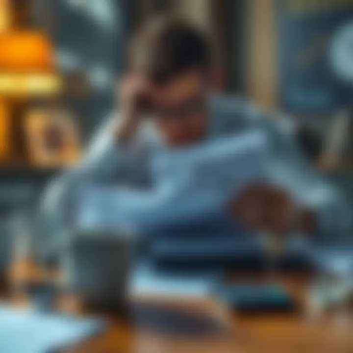A person looking stressed while reviewing bills and financial documents at a table, surrounded by empty coffee cups and a calculator, symbolizing the ongoing financial crisis.