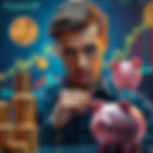 A person contemplating various investment options, looking at gold and silver coins, a stock chart, and a piggy bank, representing different financial strategies.