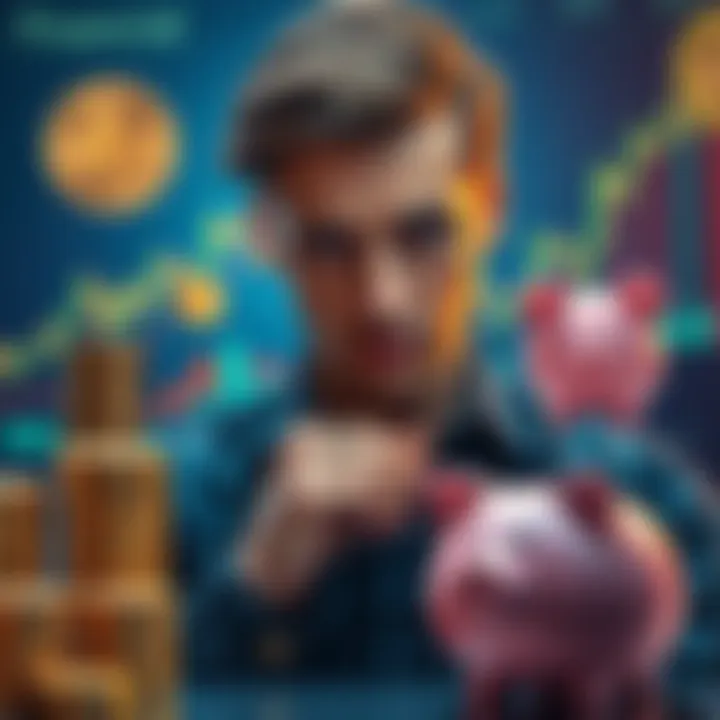 A person contemplating various investment options, looking at gold and silver coins, a stock chart, and a piggy bank, representing different financial strategies.