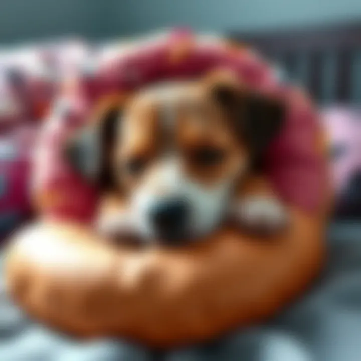 Finnegan the dog resting comfortably with a donut-shaped pillow after neutering, looking healthy and happy