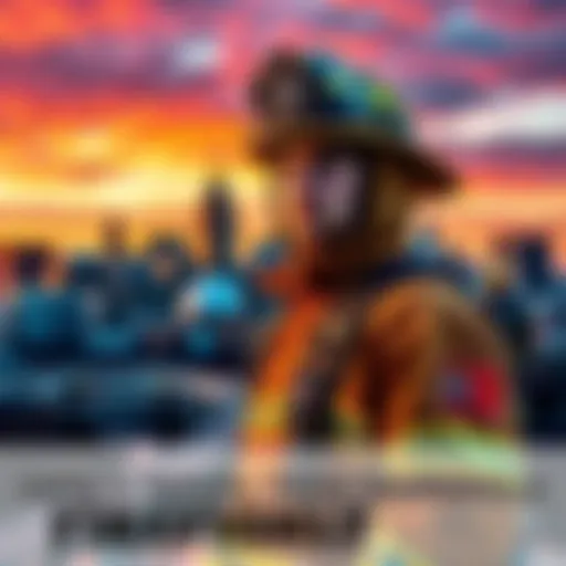 A firefighter in uniform stands in front of a Nashville skyline, symbolizing the balance of work and home in the firefighting profession.