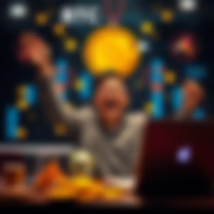 A person happily celebrating their first Bitcoin purchase with a laptop and cryptocurrency symbols in the background.