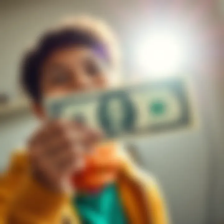 A person smiling while holding their first dollar bill, symbolizing financial achievement, with a bright background representing success.