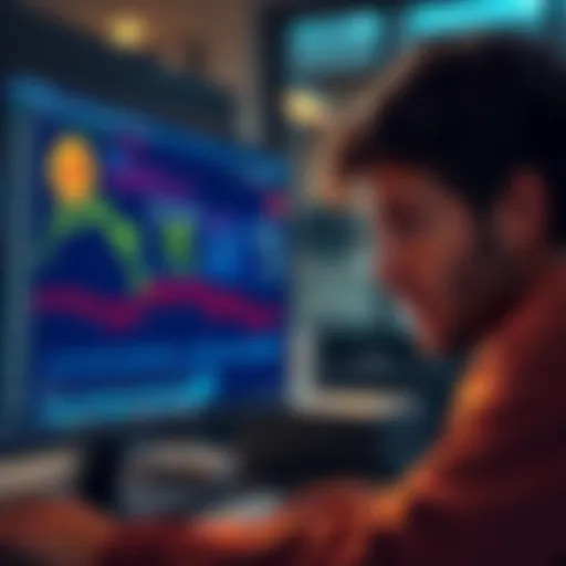 A person looking at a computer screen displaying Bitcoin prices, showing concern and hesitation about making a purchase.