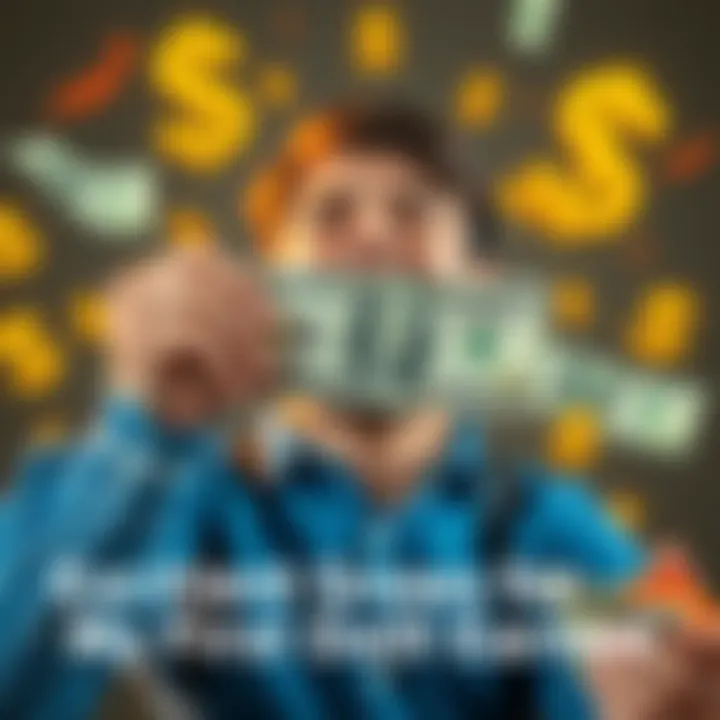 A person joyfully holding a dollar bill with a big smile, excited to increase their earnings, surrounded by cheerful symbols of money growth