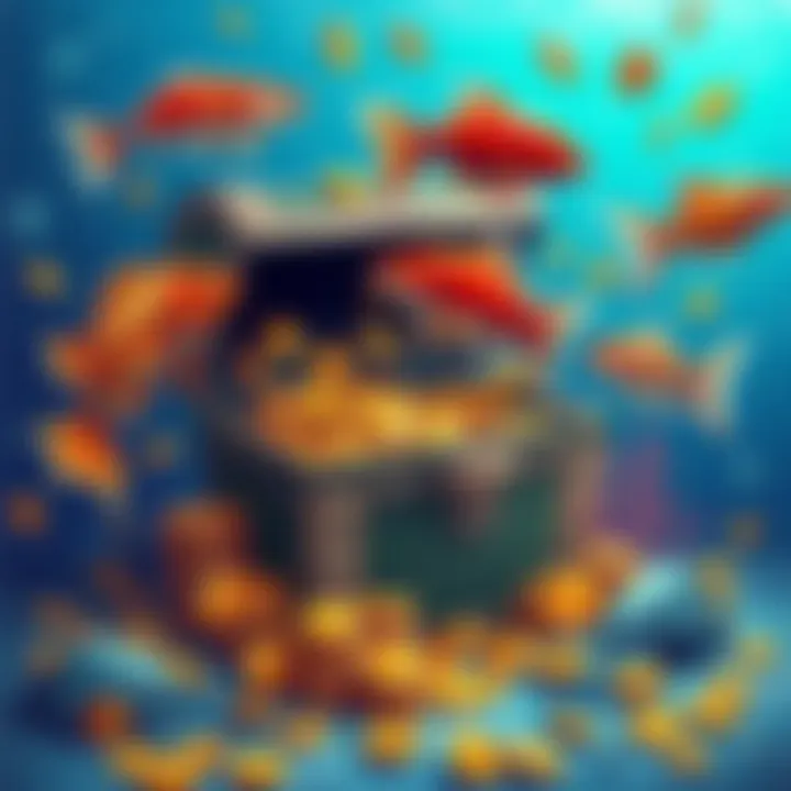 A vibrant illustration showing various fish swimming around a treasure chest filled with gold coins, symbolizing the connection between fish and fortune.
