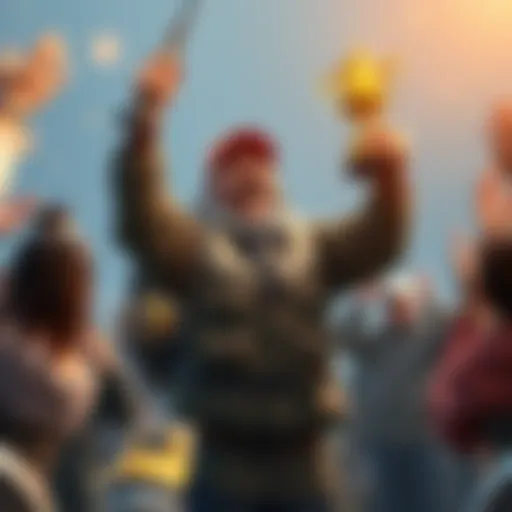 A joyful player holding a trophy after winning the vintage fishing competition, surrounded by fishing gear and a cheering crowd.