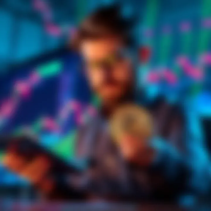 A trader analyzing Floki token performance on a graph with market trends in the background