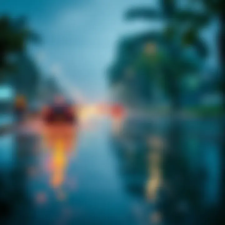 Water covering a road, making it difficult to travel after heavy rainfall