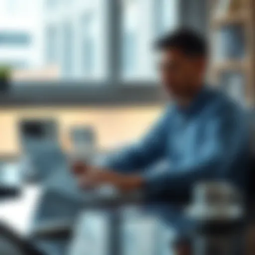 A calm professional sitting at a desk, updating their resume on a laptop, with a coffee cup nearby, reflecting a productive atmosphere during uncertain times.