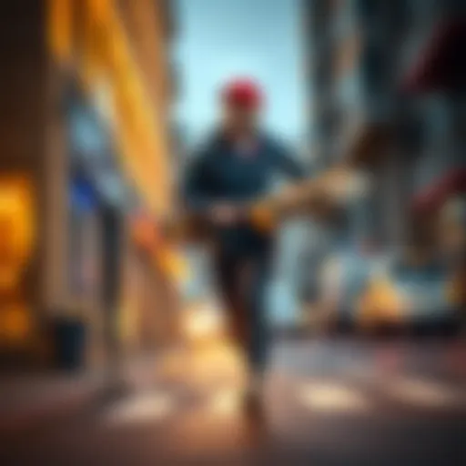 A food delivery driver carrying a pizza box while running down the street