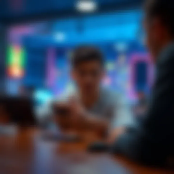 A person looking frustrated while playing a game, realizing they forgot their phone on a table.
