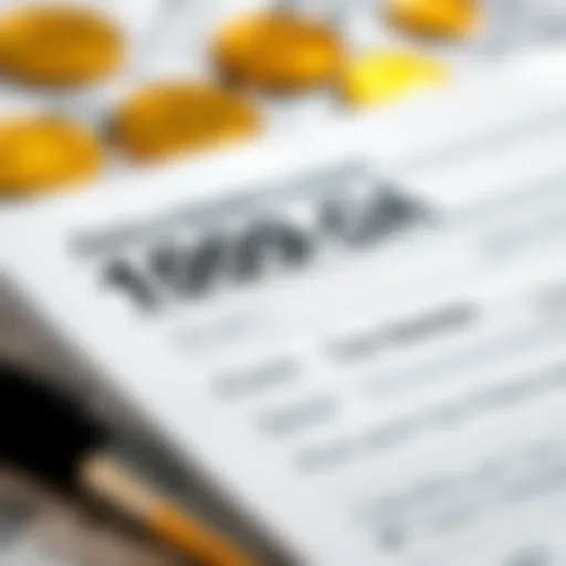 A close-up view of a Form 1099-DA tax document with cryptocurrency symbols in the background