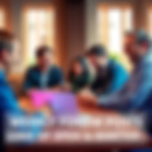 A group of people sitting around a table, laughing as they read posts on a laptop, showcasing a fun forum discussion