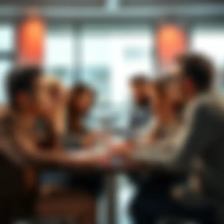 Forum Discussion A group of people sitting around a table, discussing topics with expressions of doubt and concern, reflecting negativity in their conversation.