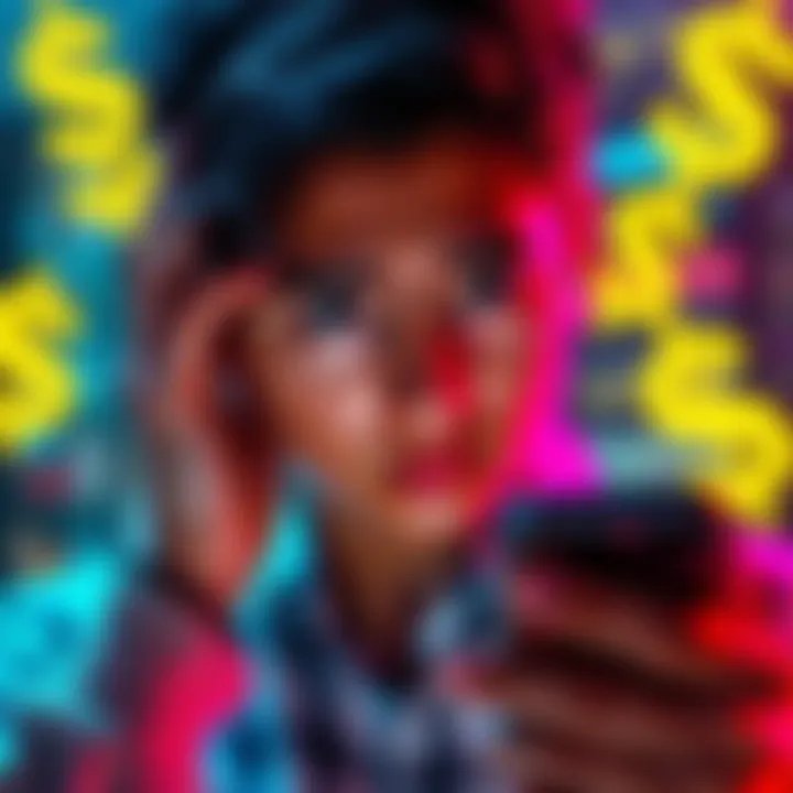 A person looking worried while viewing a deceptive trading advertisement on their phone, with dollar signs in the background.