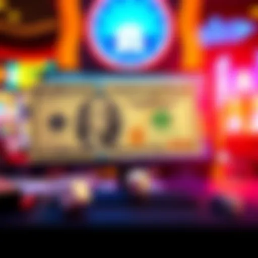 A bright graphic featuring a $5 bill, a computer screen showing a gambling site, and dice in the background, symbolizing online gambling and bonuses.