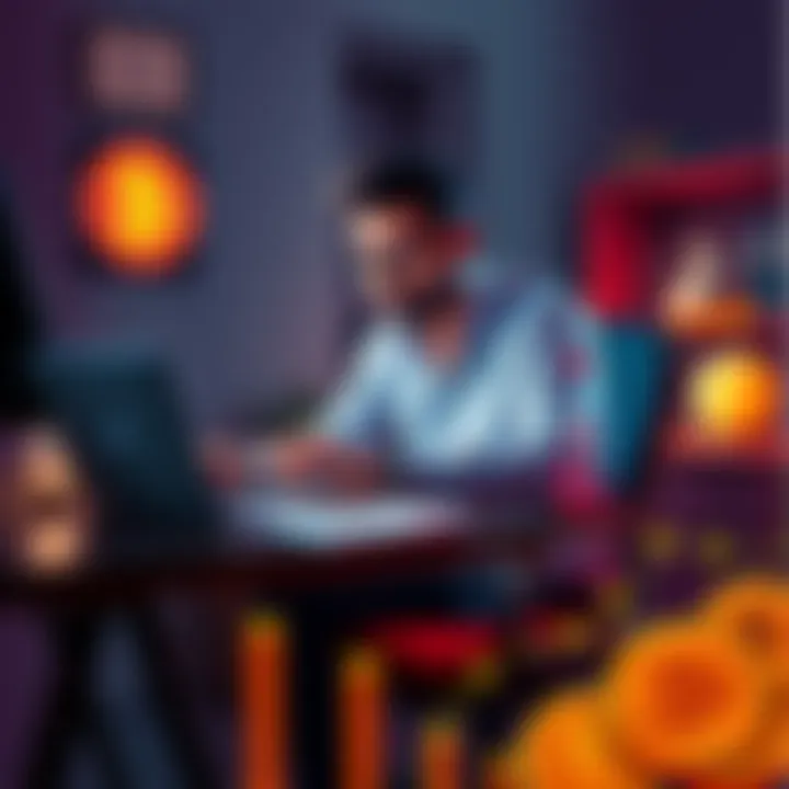 A freelancer sitting at a desk calculating taxes with a laptop and cryptocurrency symbols around