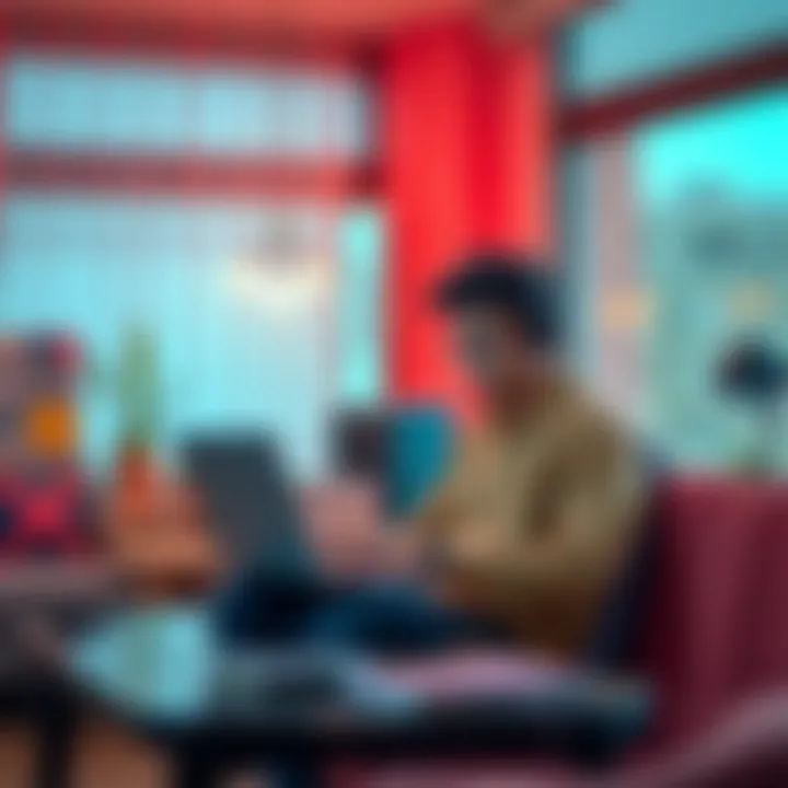 A freelancer sitting at a laptop in a cozy workspace, weighing options between freelance work and stable employment