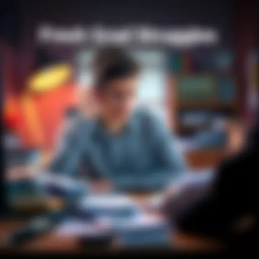 A young man looks worried while reviewing bills and loan papers at a cluttered desk, showing signs of financial stress.