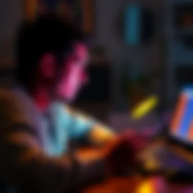 Friend Investing in Bitcoin A person looking at a Bitcoin chart on a laptop, considering buying more during a price dip.