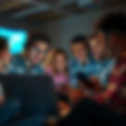 Group of friends talking with laptops and smartphones, showing interest in cryptocurrency ownership