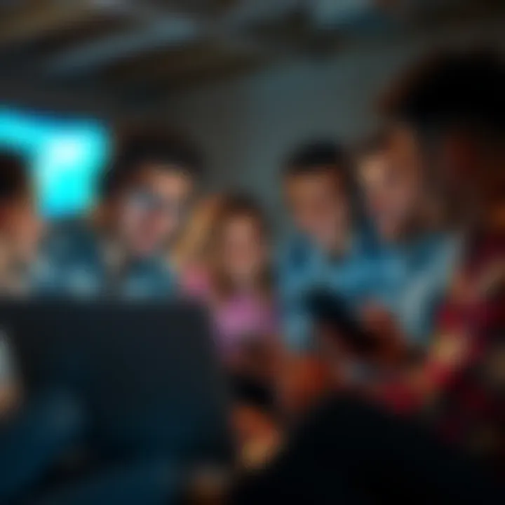 Group of friends talking with laptops and smartphones, showing interest in cryptocurrency ownership