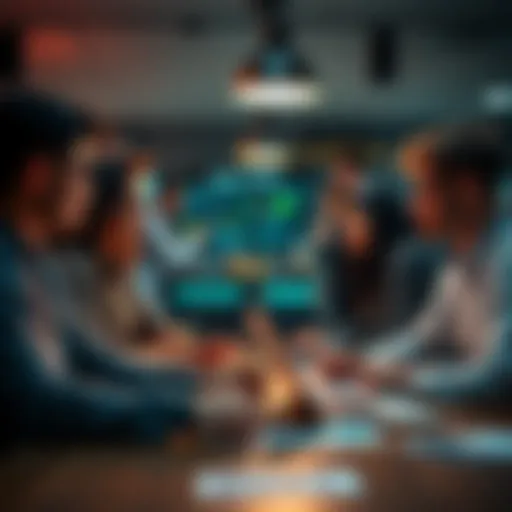 A group of friends discussing decentralized finance with laptops and charts on the table, looking engaged and curious.