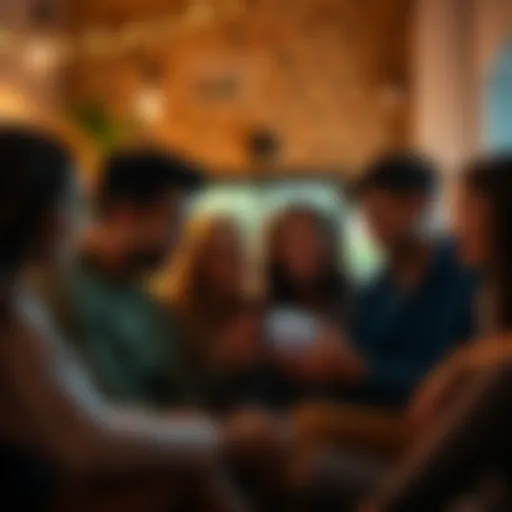 A group of friends sitting together, smiling and watching an old video on a smartphone, reminiscing about good times together.