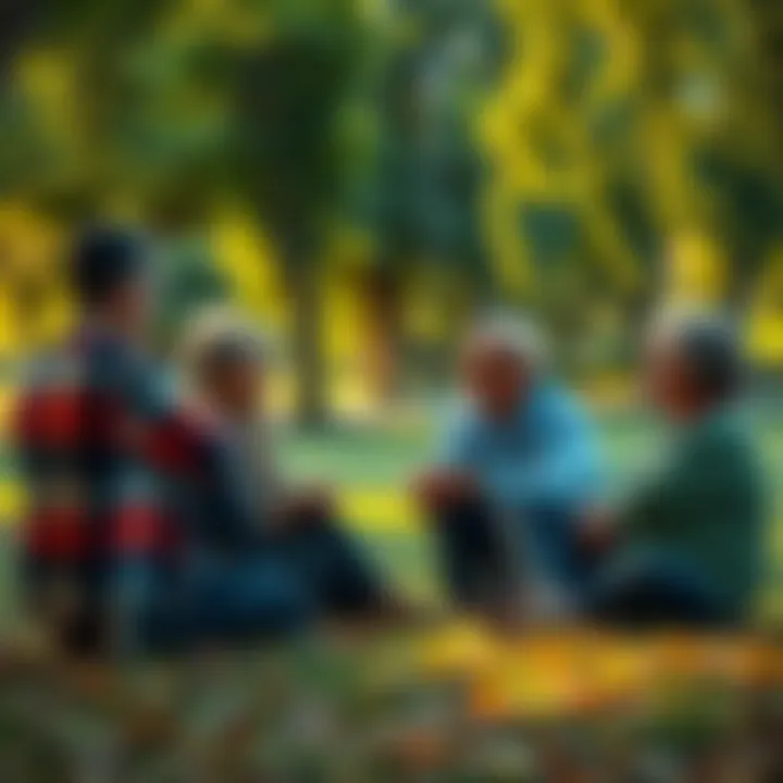 A group of friends sitting together in a park, sharing stories and reflecting on their life journeys, surrounded by nature's beauty.