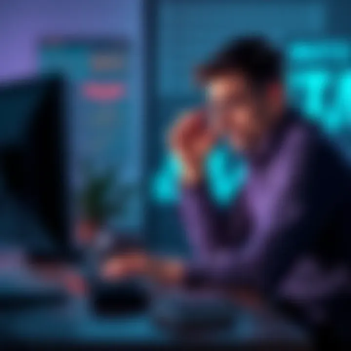 Frustrated person looking at computer A person sitting at a desk, looking stressed while viewing decentralized finance platforms on their computer