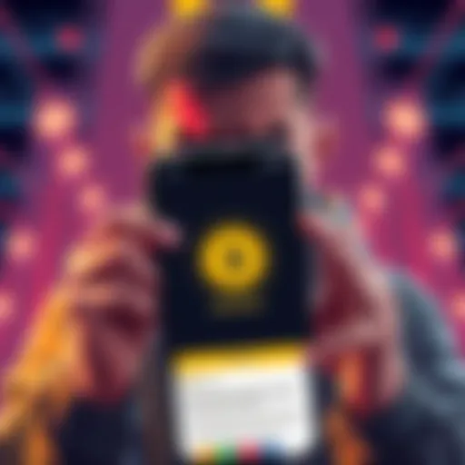 A frustrated Binance user shows dissatisfaction with locked funds, holding a phone displaying the Binance app with a warning message about withdrawal restrictions.