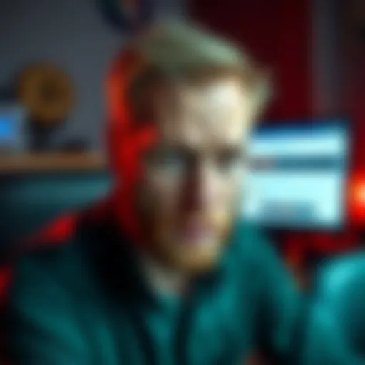 A Bitcoin forum member looks angry while expressing frustration over moderation issues, with a computer screen displaying a blocked post.