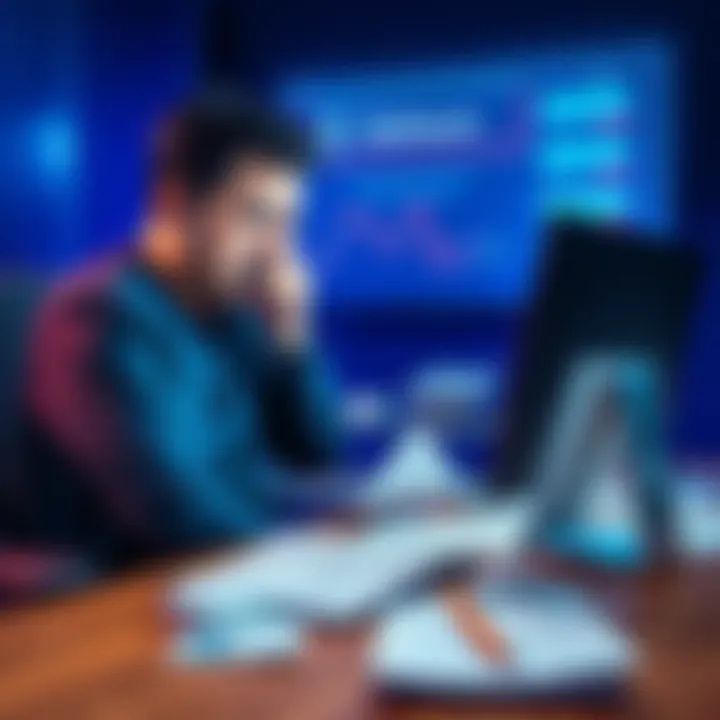 A frustrated individual sitting at a computer, looking at a restricted account screen with paperwork scattered around, symbolizing account issues with Bitstamp.