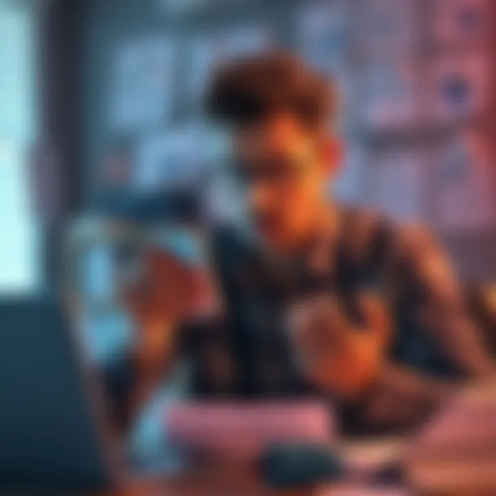 A business owner looking frustrated while holding a phone showing a frozen account message, surrounded by paperwork and a laptop