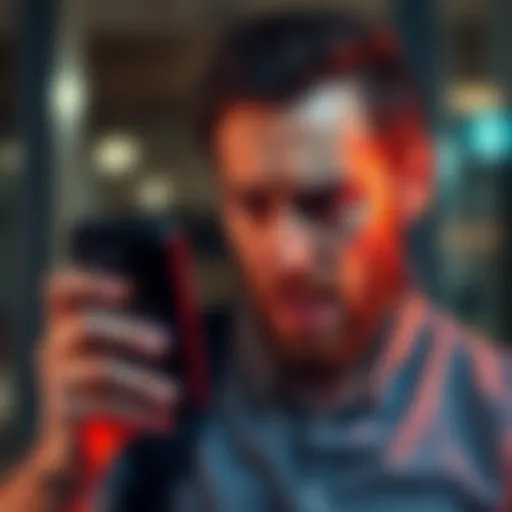 A business owner looking upset while holding a smartphone showing a closed account notification from Revolut.