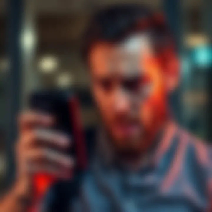 A business owner looking upset while holding a smartphone showing a closed account notification from Revolut.