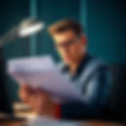 A person looking stressed while holding a stack of claim documents, sitting at a desk with a computer in the background.