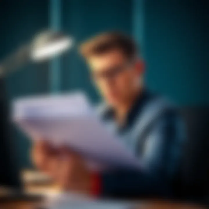 A person looking stressed while holding a stack of claim documents, sitting at a desk with a computer in the background.