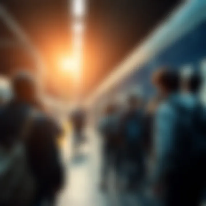 Group of people looking disappointed while walking toward a distant subway station