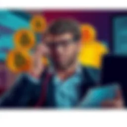 A cryptocurrency investor looking concerned while on the phone with a bank representative, surrounded by Bitcoin symbols and financial documents.