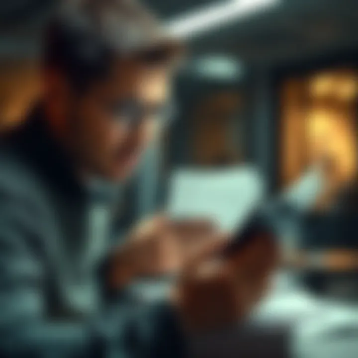 A frustrated person looks at a pile of bank documents with a phone in hand, concerned about account restrictions over a low balance.