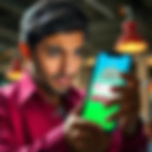 A concerned individual looking at a smartphone displaying a banking app with a worried expression, symbolizing financial strain due to salary delay.