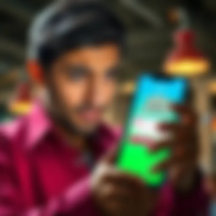 Frustrated customer checking bank app A concerned individual looking at a smartphone displaying a banking app with a worried expression, symbolizing financial strain due to salary delay.