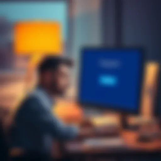 A person sitting at a desk with a worried expression, staring at a computer displaying a locked crypto account message, symbolizing frustration and confusion over account access issues.